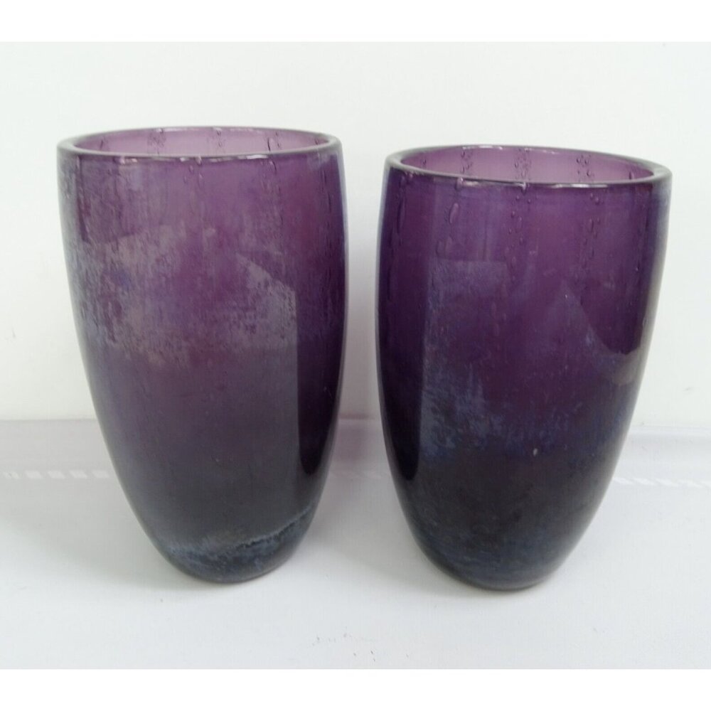 A Pair Vintage Deep Purple Amethyst‎ Bubble Hand Blown Glasses Highball